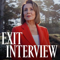 Nancy Pelosi posing in a red blazer outdoors, with large text reading “EXIT INTERVIEW” over the image.