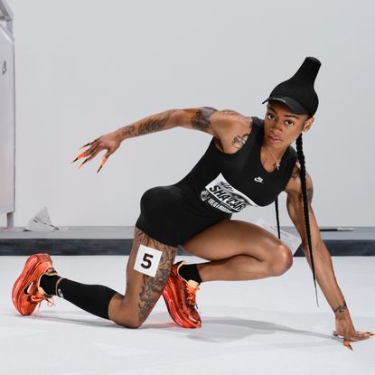 Sha&rsquo;Carri Richardson modeling melitta baumeister nike running sneakers