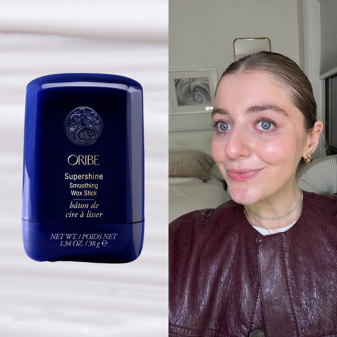 samantha holender on a white background next to oribe slick back stick